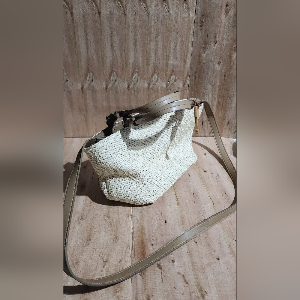 Fossil Beige Woven Shoulder Bag With Leather Trim In EUC